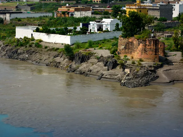 Aerial view of the old fort and green banks along the Indus River at Attock