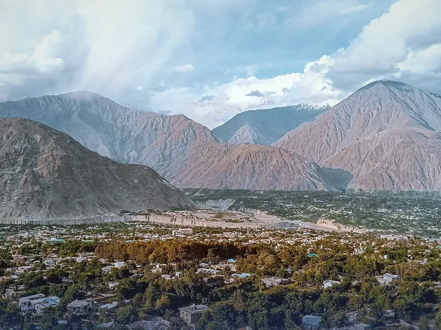 Aerial panorama of Gilgit city surrounded by high mountains