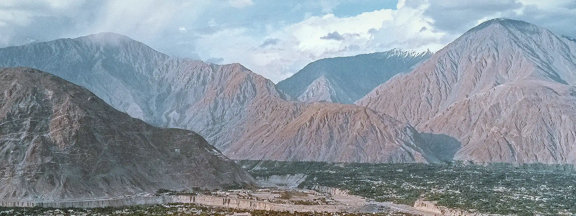 Aerial panorama of Gilgit city surrounded by high mountains
