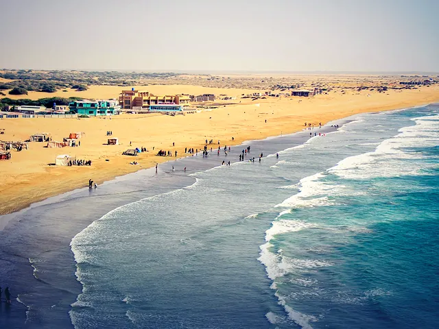 Aerial view of the golden sands and blue sea at Kund Malir Beach on the Balochistan coast