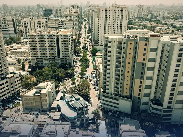 Karachi's skyline of high-rise towers and city blocks