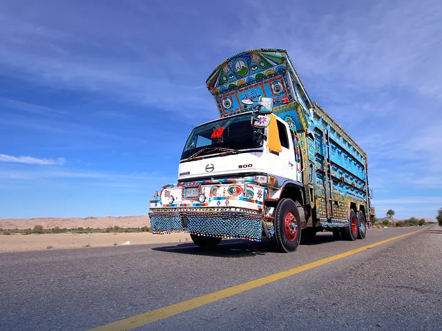 A brightly decorated truck on the highway through Khuzdar