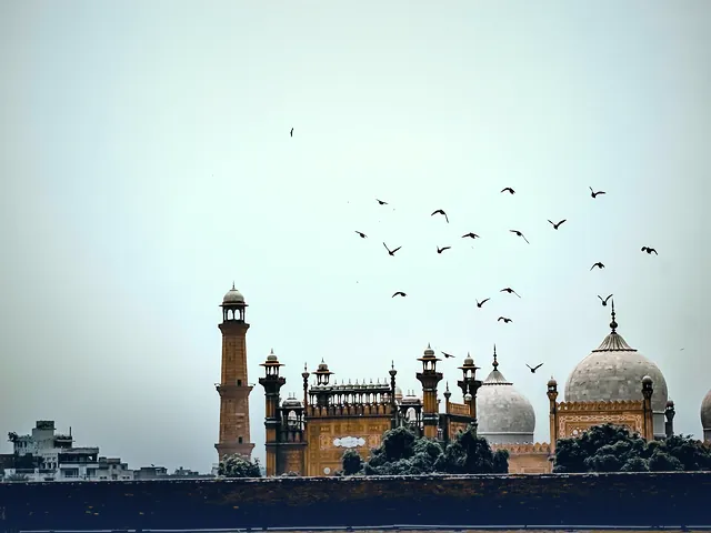 Badshahi Mosque in Lahore with birds flying across a clear blue sky