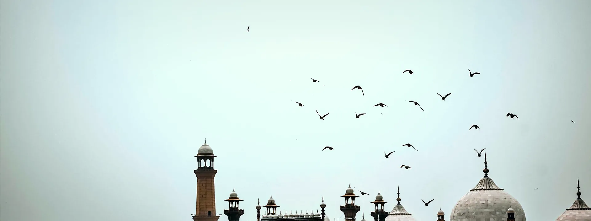 Badshahi Mosque in Lahore with birds flying across a clear blue sky