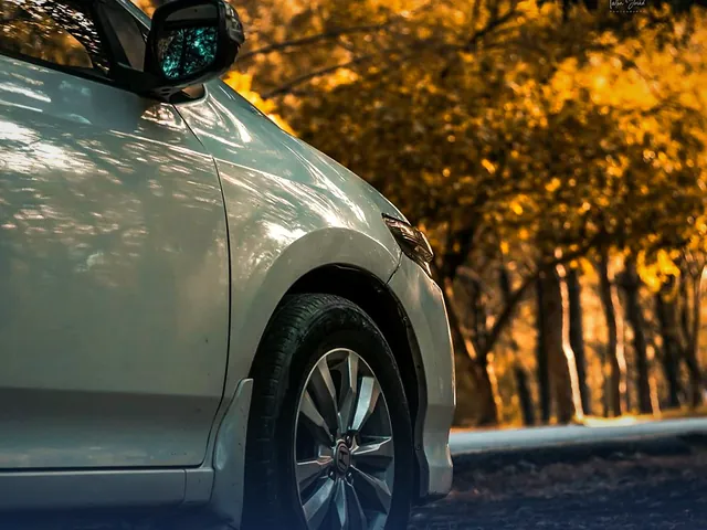 A white car parked among autumn trees in Mardan
