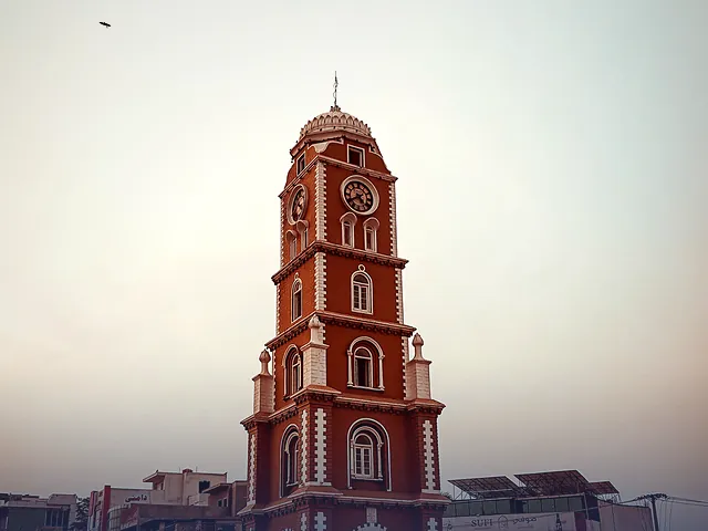 Elevated view of the Sialkot Clock Tower, a historic landmark in the city