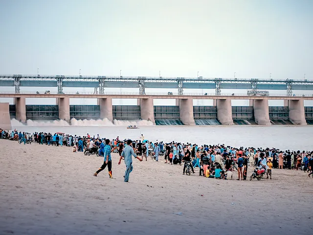 People gathered near Sukkur Barrage beside the Indus River