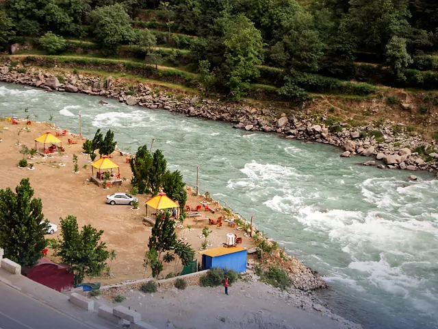 Riverside huts along the Swat River in Madyan, Khyber Pakhtunkhwa