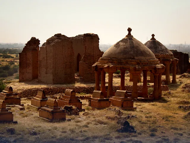 Historic sandstone tombs of the Makli Necropolis in Thatta