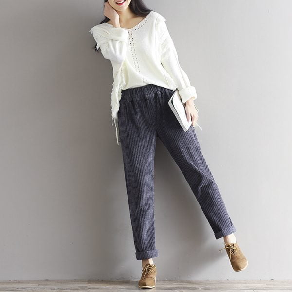 Corduroy Pants: Women's Art Fan Xian Loose Trousers Grey Color Image