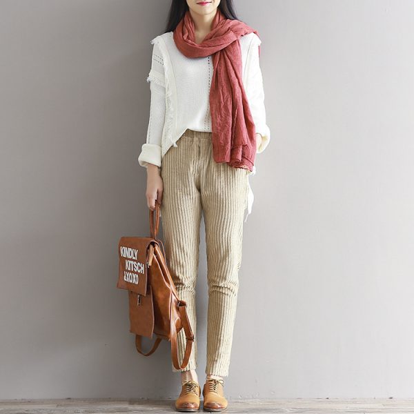 Corduroy Pants: Women's Art Fan Xian Loose Trousers Golden Color Image