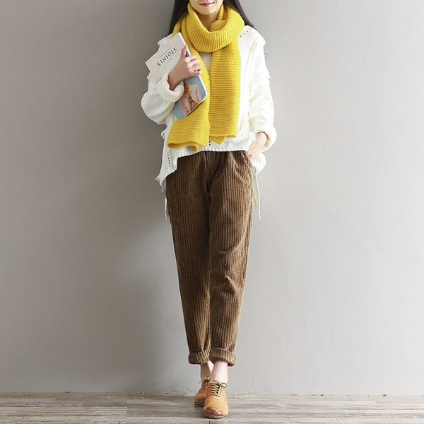 Corduroy Pants: Women's Art Fan Xian Loose Trousers Brown Color Image