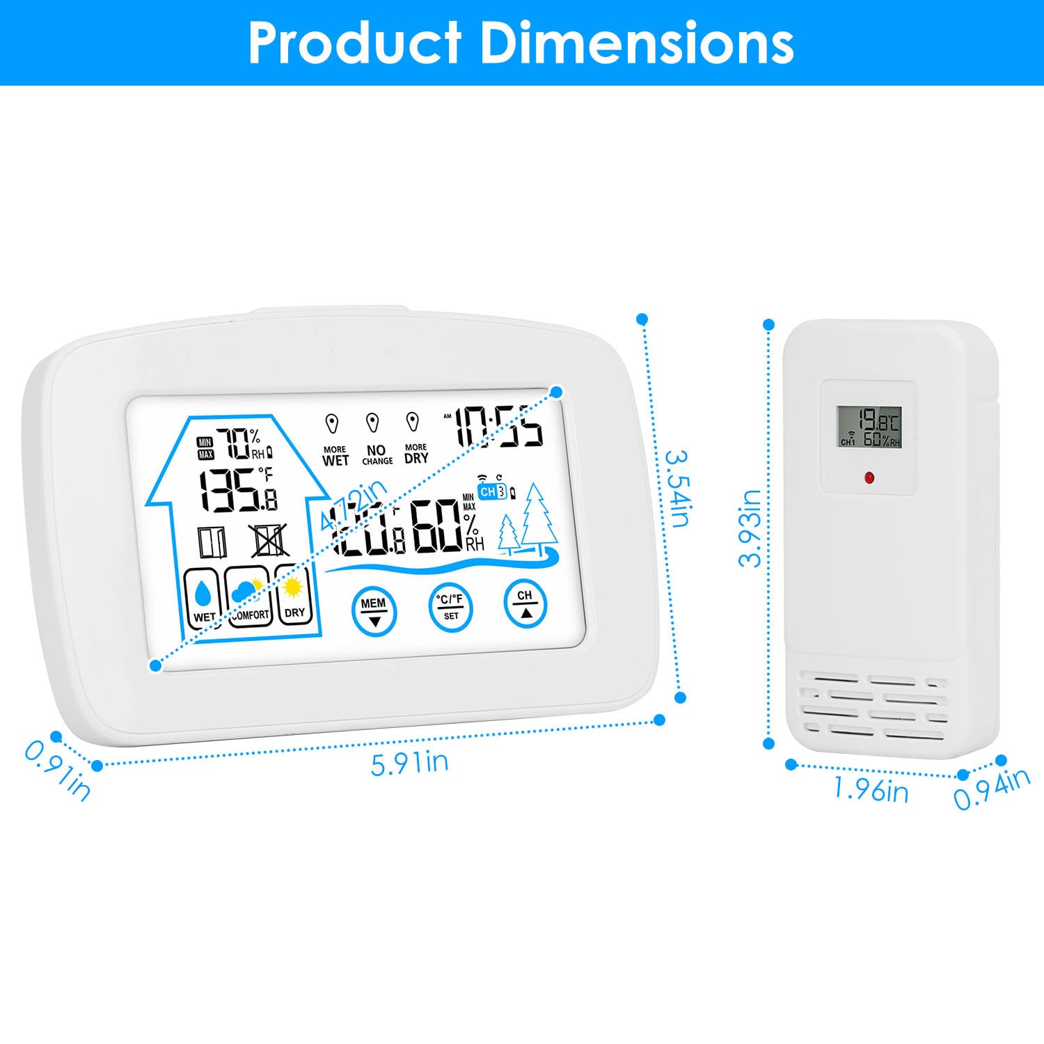 1Pc Wireless Weather Station With Clock 196FT Range Indoor Outdoor Thermometer Sensor Temperature And Humidity Monitor Humidity Forecast Battery Powered Backlight Display - Image 6