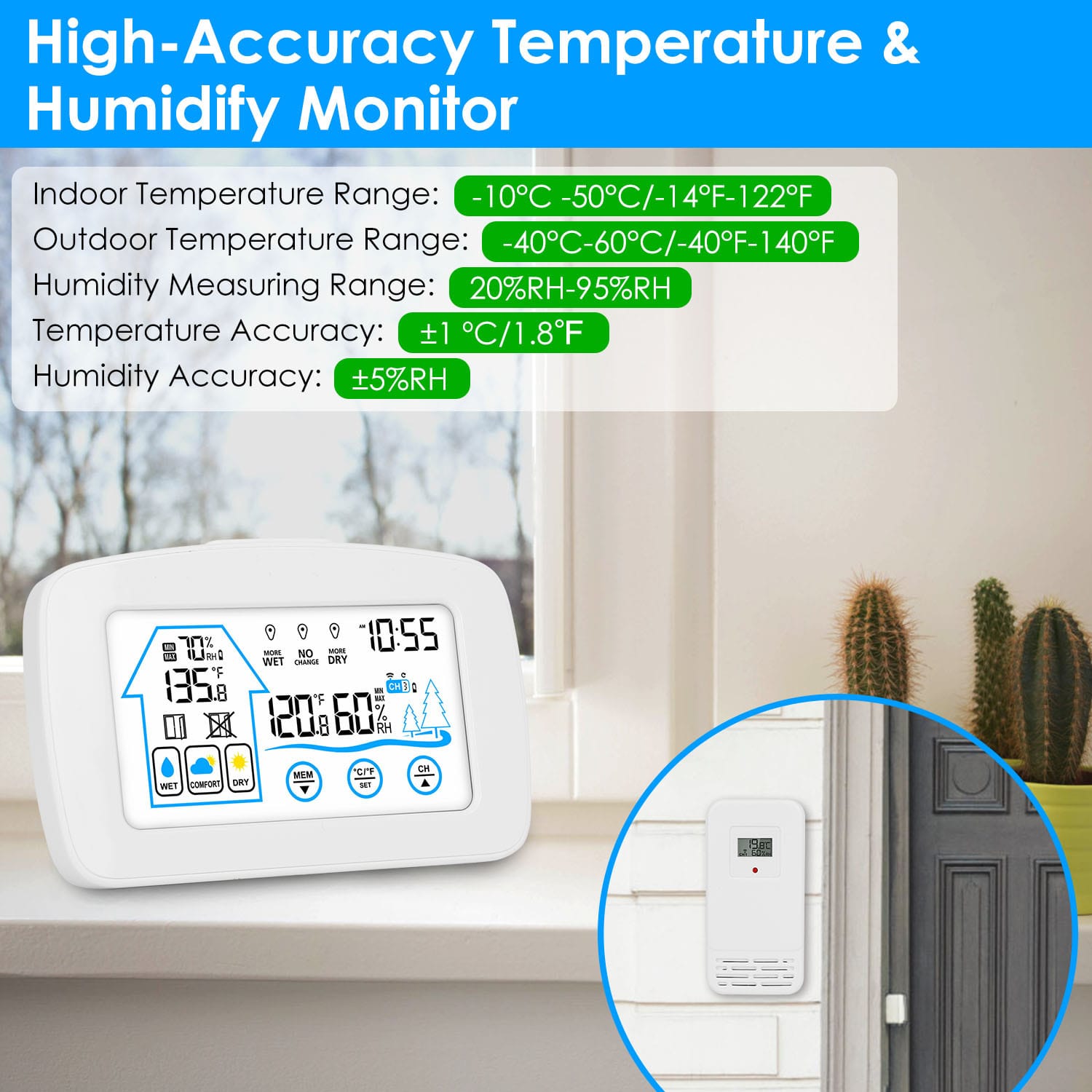 1Pc Wireless Weather Station With Clock 196FT Range Indoor Outdoor Thermometer Sensor Temperature And Humidity Monitor Humidity Forecast Battery Powered Backlight Display - Image 10