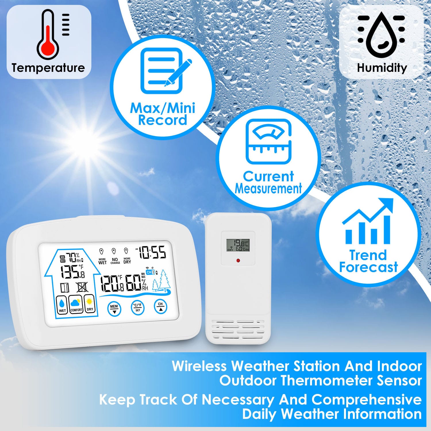 1Pc Wireless Weather Station With Clock 196FT Range Indoor Outdoor Thermometer Sensor Temperature And Humidity Monitor Humidity Forecast Battery Powered Backlight Display - Image 3