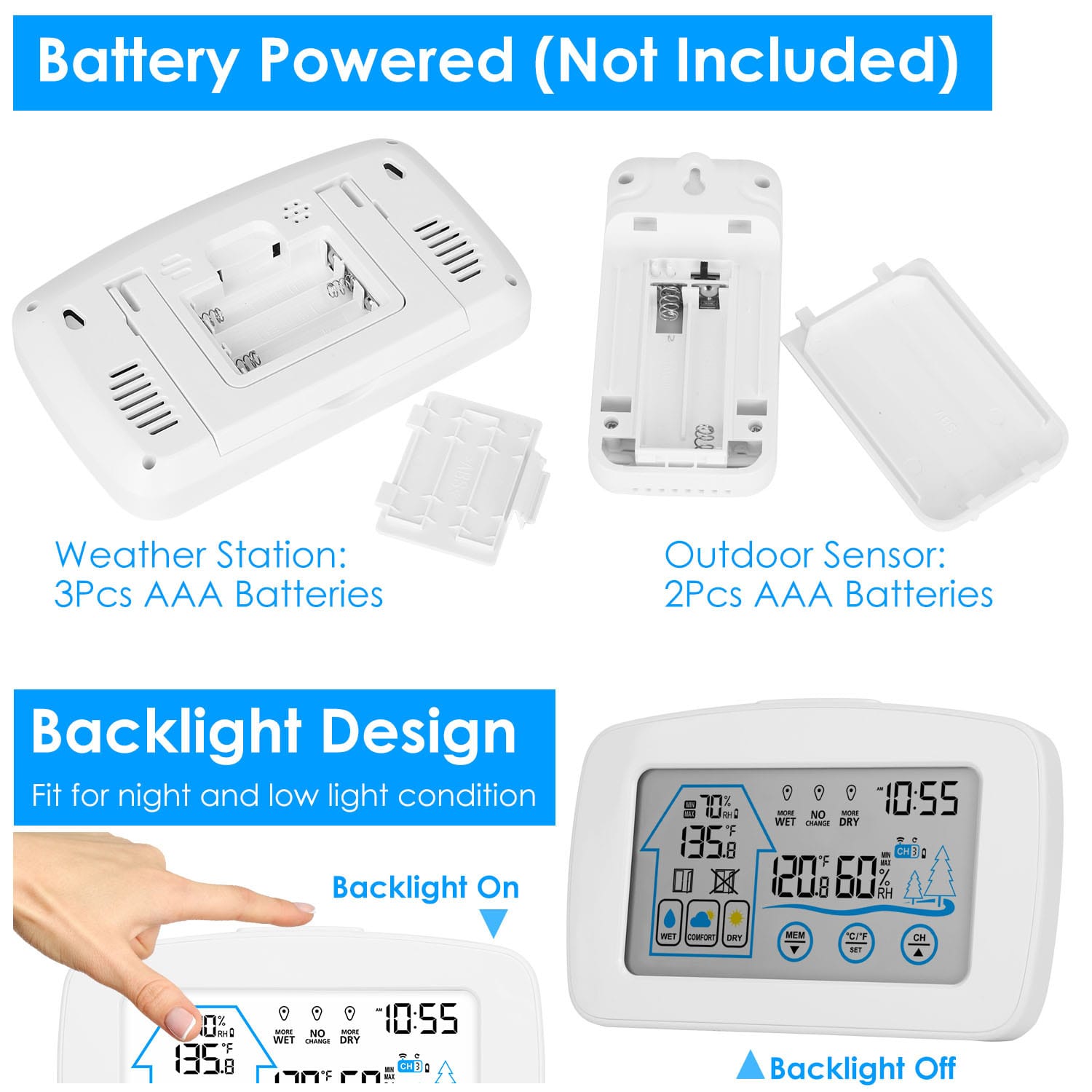 1Pc Wireless Weather Station With Clock 196FT Range Indoor Outdoor Thermometer Sensor Temperature And Humidity Monitor Humidity Forecast Battery Powered Backlight Display - Image 4