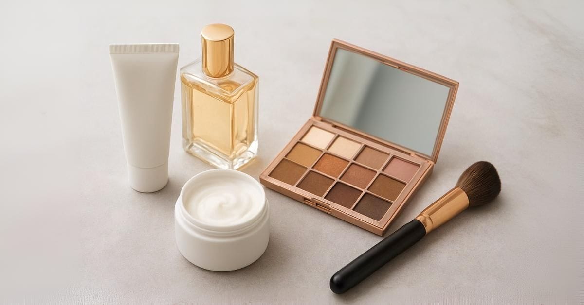 A flat lay of essential beauty products including skincare, makeup, and self-care items, representing must-have beauty products for women.