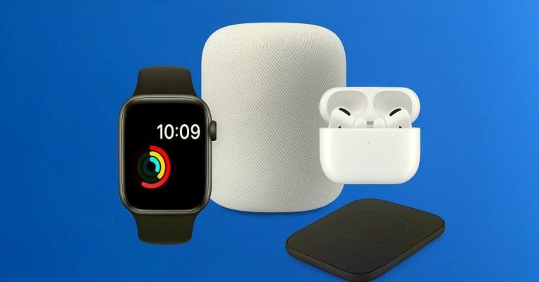 Modern everyday tech essentials 2025 including smartwatch, smart speaker, wireless earbuds, and charging pad on blue background