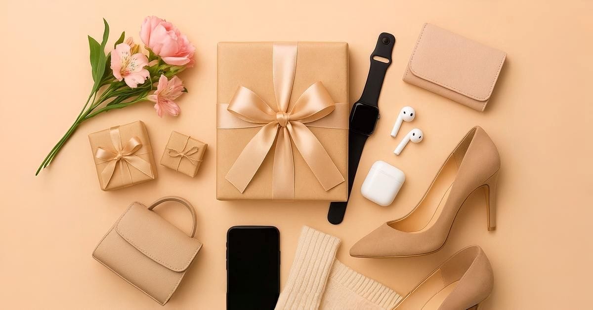 Assorted gift boxes, fashion accessories, and gadgets showing perfect gift ideas for every occasion and budget