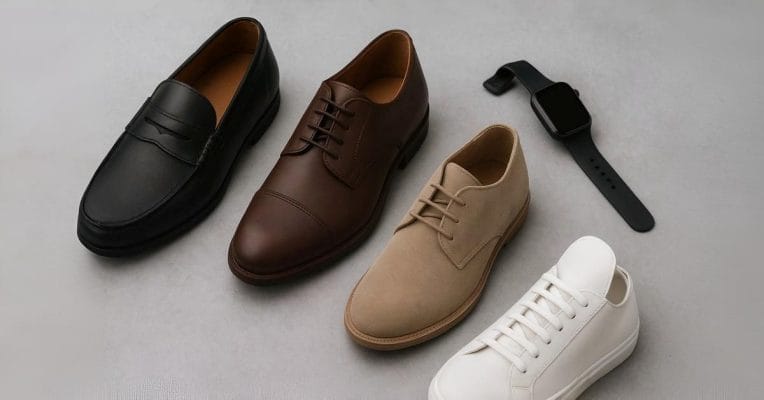 Modern mens shoes showcasing a perfect blend of style and comfort — including casual sneakers, formal loafers, and versatile boots arranged on a clean background.