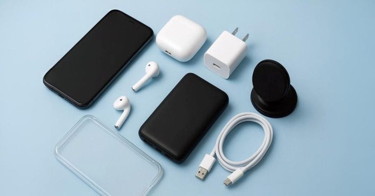 Essential phone accessories for everyday use, featuring chargers, cases, and wireless earbuds.