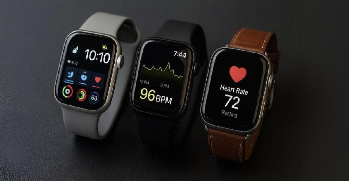 Modern smartwatches showing fitness tracking, notifications, and heart rate monitor features on display.
